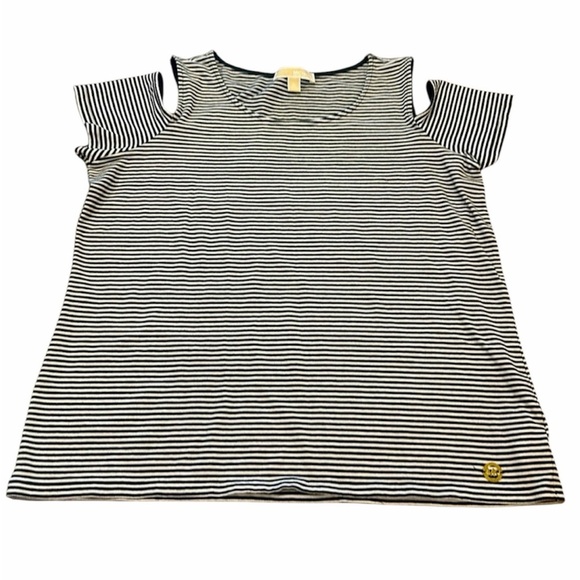 Michael Kors Tops - Michael Kors Cold Shoulder Short Sleeved Top Size XL Black White Striped